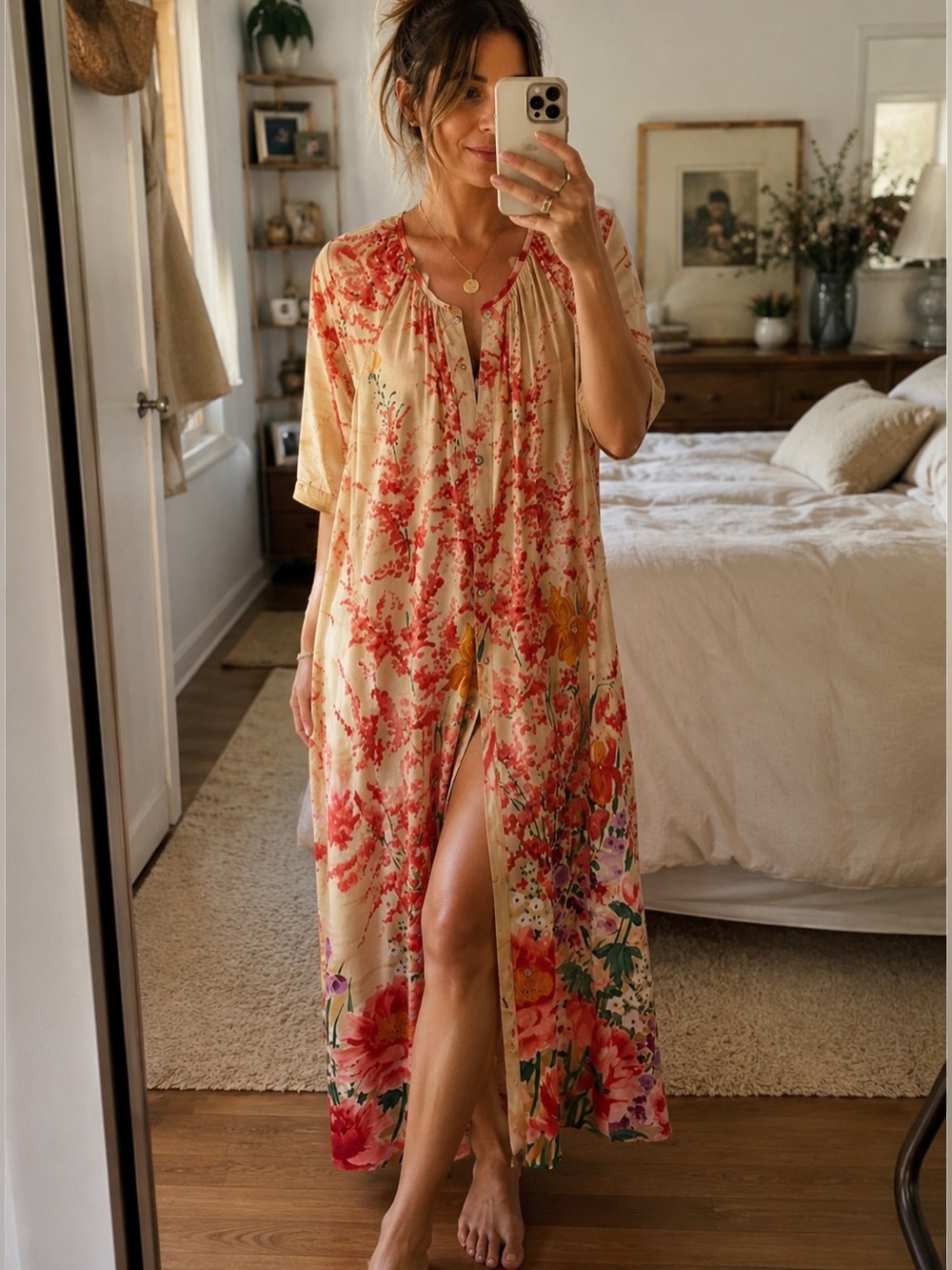 Vintage 70’s Muumuu Floral Button-Front Night Dress / Gown
